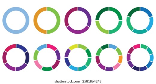 Pie chart set. Circle diagram design. Circular graph with 1,2, 3, 4, 5,6,7,8,9,10, steps for business presentation. Progress wheel infographic template. Vector eps 10.