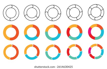 Pie chart set. Circle diagram design. Circular graph with 2, 3, 4, 5 steps for business presentation. Progress wheel infographic vector template