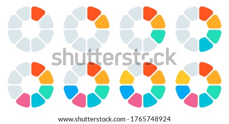Pie chart set. Circle diagram design. Circular graph with 2, 3, 4, 5, 6, 7, 8 steps or parts for business presentation. Progress or loading wheel template. Vector illustration.