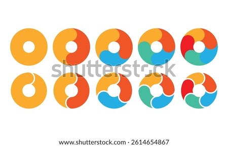 Pie chart set. Circle diagram design. Circular graph with 2, 3, 4, 5, 6 steps for business presentation. Progress or loading wheel vector template