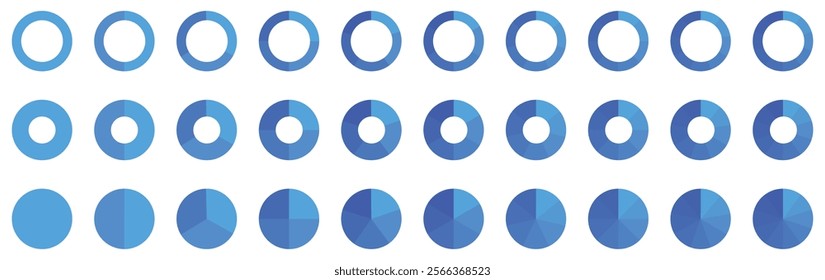 Pie chart set. Circle division infographic icon set. Pie chart divided 4,5,6 equal parts. Color pizza or donut round diagram. Infographic wheel segment and fraction.