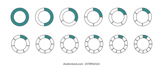 Pie chart set. Circle division infographic isolated. Infographic wheel segment and fraction.