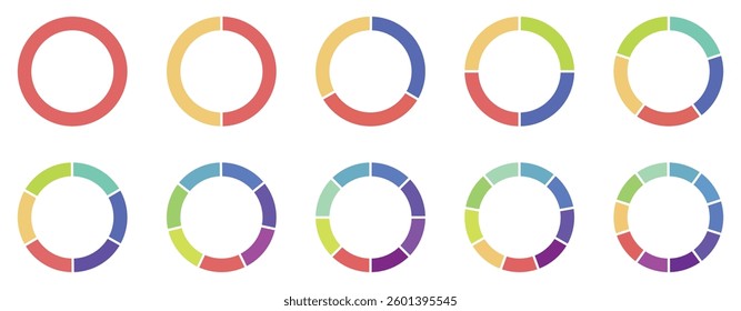 Pie chart set. Circle division infographic icon set. Pie chart divided 4,5,6 equal parts. Color pizza or donut round diagram. Infographic wheel segment and fraction.  Vector illustration 