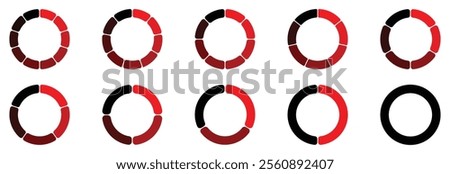 Pie chart set. Circle division infographic icon set. Pie chart divided 4,5,6 equal parts. Color pizza or donut round diagram. Infographic wheel segment and fraction. Black and red gradient infographic