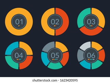 Pie Chart set. Circle graph or diagram wit 6 steps, sections oe parts. Round infographic template for Ui, web and graphic design. Vector illustration.