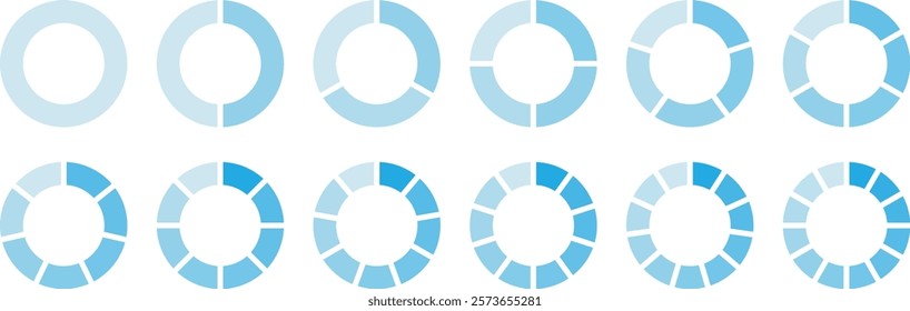 Pie chart set, Circle icons for infographic. Colorful diagram collection with ,3,4,5,6,7,8 sections and steps. Segment slice sign. Circle section graph. Wheel round diagram part