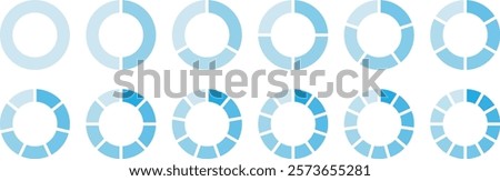 Pie chart set, Circle icons for infographic. Colorful diagram collection with ,3,4,5,6,7,8 sections and steps. Segment slice sign. Circle section graph. Wheel round diagram part