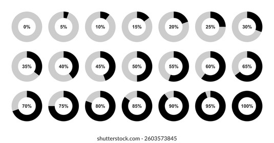 Pie chart. Set of circle percentage diagrams from 0 to 100. Flat style