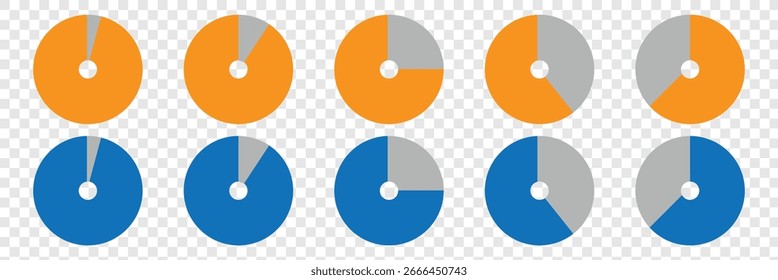 Pie chart set. Circle percentage diagram for application infographic, UI, web design, business presentation, marketing map or download progress vector illustration isolated white background in eps10. 
