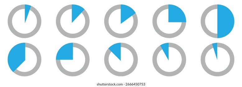 Conjunto de gráficos de pizza. Diagrama percentual circular para infográfico de aplicativo, interface do usuário, design da Web, apresentação comercial, mapa de marketing ou ilustração vetor de progresso de download isolado fundo branco em eps10. 
