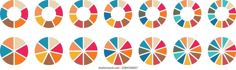 Pie chart set. Circle section graph. Pie charts diagrams. Pie chart divided 1,2,3,4,5,6,7,8,9,10,11,12 equal parts. Different color circles isolated. Infographic element round shape. Vector.