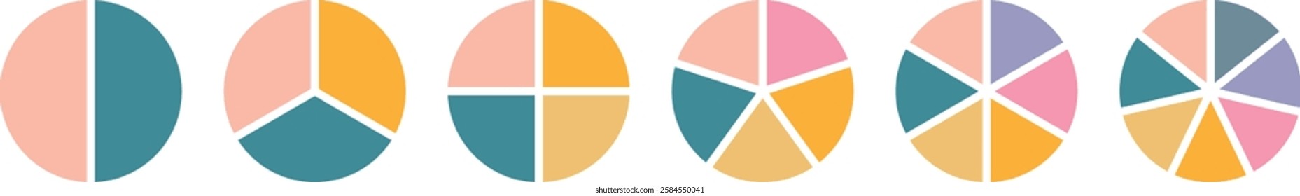 Pie chart set. Circle section graph. Pie chart divided 1,2,3,4,5,6,7,8,9,10,11,12 equal parts. Pie charts diagrams. Different color circles isolated. Infographic element round shape. Vector.