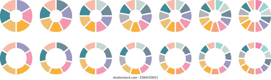 Pie chart set. Circle section graph. Different color circles isolated. Infographic element round shape. Vector. Pie chart divided 1,2,3,4,5,6,7,8,9,10,11,12 equal parts. Pie charts diagrams.