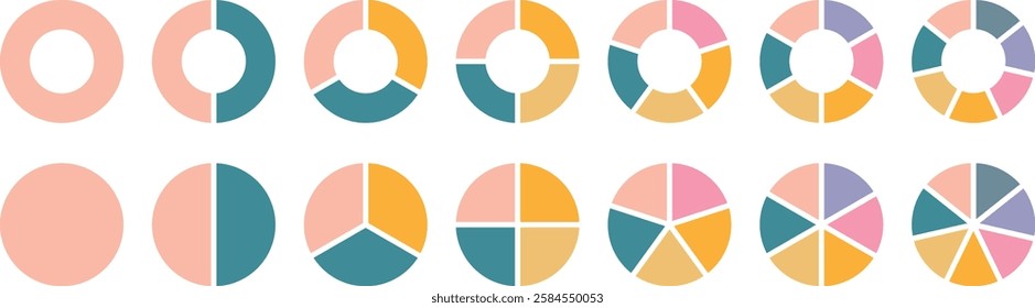 Pie chart set. Circle section graph. Different color circles isolated. Infographic element round shape. Pie charts diagrams. Vector. Pie chart divided 1,2,3,4,5,6,7,8,9,10,11,12 equal parts.