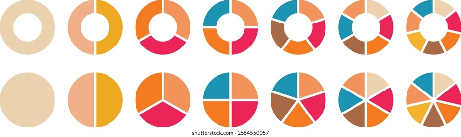 Pie chart set. Circle section graph. Pie charts diagrams. Different color circles isolated. Pie chart divided 1,2,3,4,5,6,7,8,9,10,11,12 equal parts. Infographic element round shape. Vector.