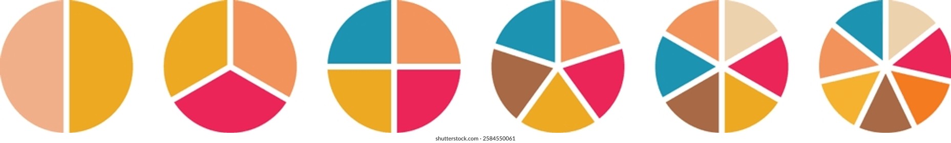 Pie chart set. Circle section graph. Pie charts diagrams. Different color circles isolated. Infographic element round. Pie chart divided 1,2,3,4,5,6,7,8,9,10,11,12 equal parts. Vector illustration