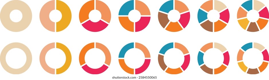 Pie chart set. Circle section graph. Pie charts diagrams. Different color circles isolated. Infographic element round shape. Vector. Pie chart divided 1,2,3,4,5,6,7,8,9,10,11,12 equal parts.