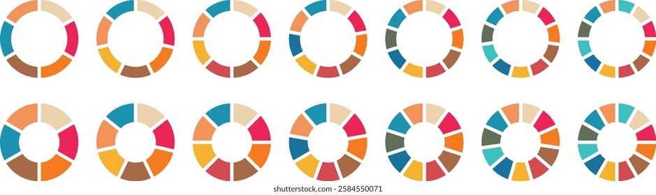 Pie chart set. Circle section graph. Pie charts diagrams. Infographic element round shape. Vector. Pie chart divided 1,2,3,4,5,6,7,8,9,10,11,12 equal parts. Different color circles isolated.