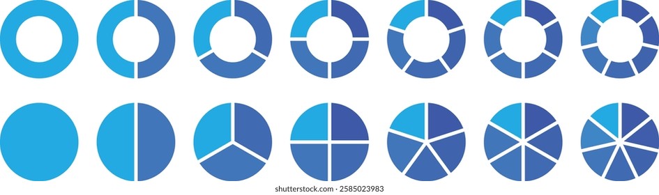 Pie chart set. Circle section graph. segmented circle icons. Pie chart divided 2,3,4,5,6 equal parts. Infographic wheel segment or sections parts. Infographic element round shape. Vector illustration