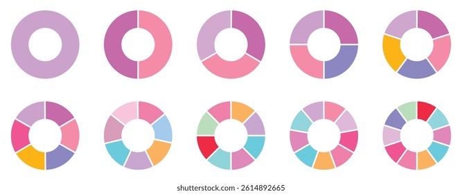 Pie chart set. Circle section graph. Pie chart divided 1,2,3,4,5,6,7,8,9,10, equal parts. Infographic wheel segment or section parts. Circle division infographic icon set. Vector-eps 10	