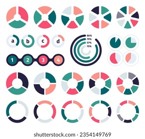 Pie chart set. Circle slices for percent, round pies for 2, 3, 4 and 6 sections, pie charts for statistics and information presentation. Vector collection of circle round pie and diagram illustration
