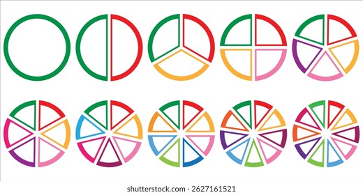 Pie chart set. Circle slices for percent, round pies for 2, 3, 4 and 6 sections, pie charts for statistics and information presentation. Vector collection of circle round pie and diagram illustration