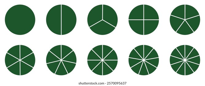 Pie chart set,  Circles cut separated on1,2,3, 4,5, 6, 7,8,9,10,with empty middle, simple flat design vector illustration.