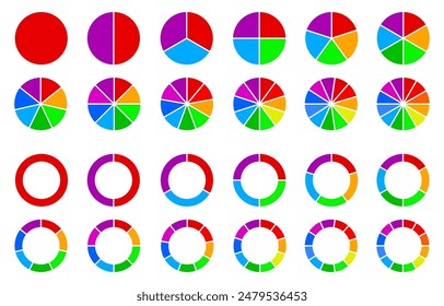 Pie chart set, colored segmented circle icons, circle diagram with sections or parts - vector