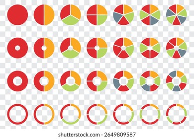 Pie chart set, colored segmented circle icons, pie chart divided equal parts, ring percentage wheel, circle diagram with sections or parts, Vector illustration