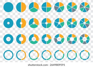 Conjunto de gráficos de pizza, ícones de círculo segmentado colorido, gráfico de pizza dividido partes iguais, roda de porcentagem de anel, diagrama de círculo com seções ou partes, ilustração de vetor