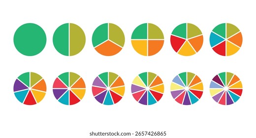 Pie chart set. Colorful circle graph. Diagram for infographic, UI, web design, business presentation. Infographic wheel segment or section parts. Circle division of pie.