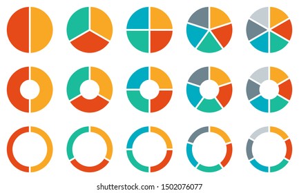 Набор круговых диаграмм. Коллекция красочных диаграмм с 2,3,4,5,6 секциями или ступенями. Круговые иконки для инфографики, пользовательского интерфейса, веб-дизайна, бизнес-презентации. Векторная иллюстрация.