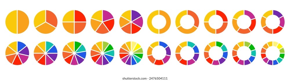 Conjunto de gráficos circulares. Colección de diagrama colorido con secciones o pasos. Iconos de círculo para infografía, UI, Diseño web, presentación de negocios. Ilustración vectorial