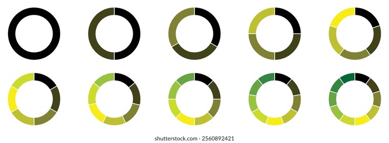 Pie chart set. Colorful diagram collection with 2,3,4,5,6,7,8,9 sections or steps. Circle icons for infographic, UI, web design, business presentation. green and yellow gradient infographic pie charts