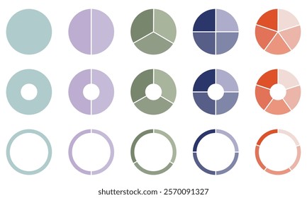 Pie chart set. Colorful diagram collection with 1,2,3,4,5, sections or steps. Circle icons for infographic, UI, web design, business presentation. Vector illustration