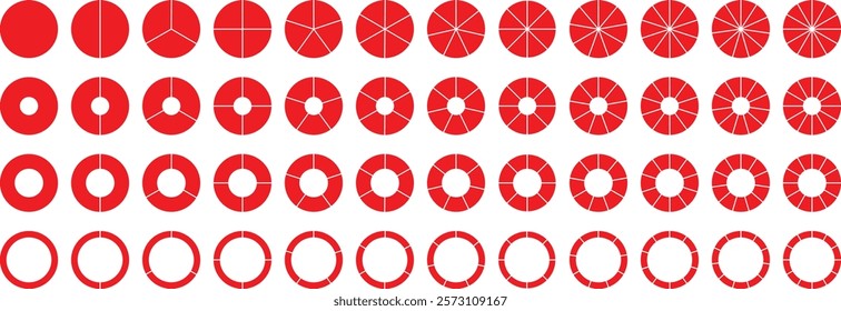 Pie chart set. Colorful diagram collection. Set of pie chart graph design. Circle icons for infographic. Colorful pie chart collection with 3,4,5,6 and 7,8 sections or steps