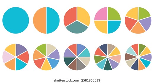 Pie chart set. Colorful diagram collection with 1,2,3,4,5,6,7,8,9,10, sections or steps. Circle icons for infographic, UI, web design, business presentation. Vector eps 10.