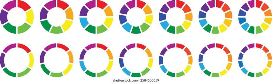 Pie chart set. Colorful diagram collection with 2,3,4,5,6,7,8,9,10,11,12 sections or steps. Circle icons for Infographic wheel segment and fraction. Circle section graph. Vector illustration