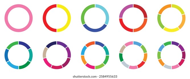  Pie chart set. Colorful diagram collection with 1,2,3,4,5,6,7,8,9,10, sections or steps. Circle icons for Infographic wheel segment and fraction. Vector illustration