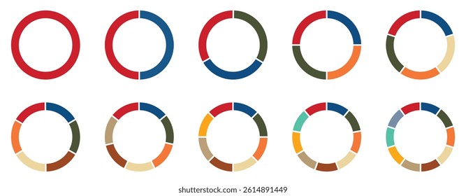 Pie chart set. Colorful diagram collection with 2,3,4,5,6,7,8,9,10, sections or steps. Circle icons for Infographic wheel segment and fraction. Vector icon set