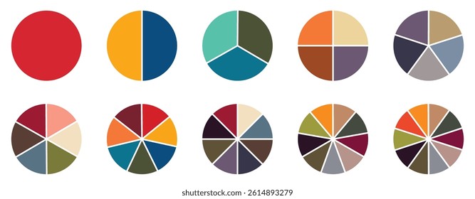 Pie chart set. Colorful diagram collection with 1,2,3,4,5,6,7,8,9,10, sections or steps. Circle icons for Infographic wheel segment and fraction. Vector illustration