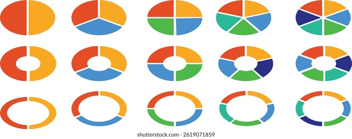 Pie chart set. Colorful diagram collection.Pie Chart Infographic Template Graphs.Donut charts segmented on equal parts.Circle section graph.