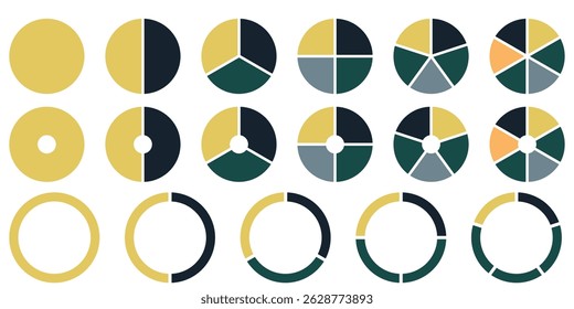 Conjunto de gráficos de pizza. Coleção de diagramas coloridos com 2,3,4,5,6 seções ou etapas. Ícones circulares para infográfico, IU, web design, apresentação de negócios. Ilustração vetorial