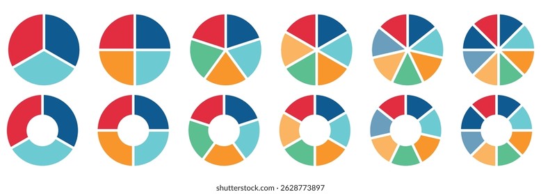 Conjunto de gráficos de pizza. Coleção de diagramas coloridos com 2,3,4,5,6 seções ou etapas. Ícones circulares para infográfico, IU, web design, apresentação de negócios. Ilustração vetorial