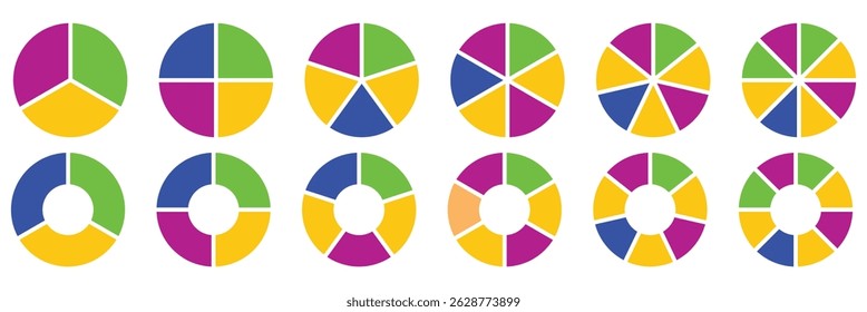 Pie chart set. Colorful diagram collection with 2,3,4,5,6 sections or steps. Circle icons for infographic, UI, web design, business presentation. Vector illustration