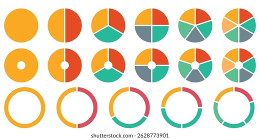 Pie chart set. Colorful diagram collection with 2,3,4,5,6 sections or steps. Circle icons for infographic, UI, web design, business presentation. Vector illustration