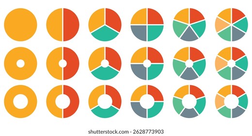 Pie chart set. Colorful diagram collection with 2,3,4,5,6 sections or steps. Circle icons for infographic, UI, web design, business presentation. Vector illustration