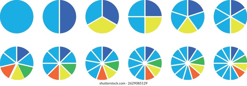 Pie chart set. Colorful diagram collection with 2,3,4,5,6 sections or steps. Circle icons for infographic, UI, web design, business presentation. Vector illustration.