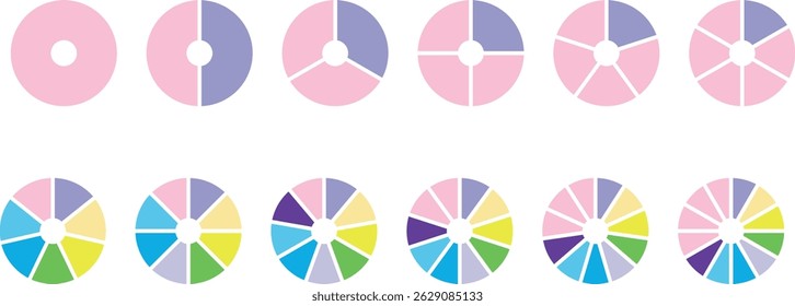 Pie chart set. Colorful diagram collection with 2,3,4,5,6 sections or steps. Circle icons for infographic, UI, web design, business presentation. Vector illustration.