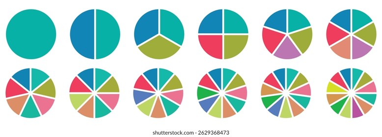 Pie chart set. Colorful diagram collection with 2,3,4,5,6 sections or steps. Circle icons for infographic, UI, web design, business presentation. Vector illustration.